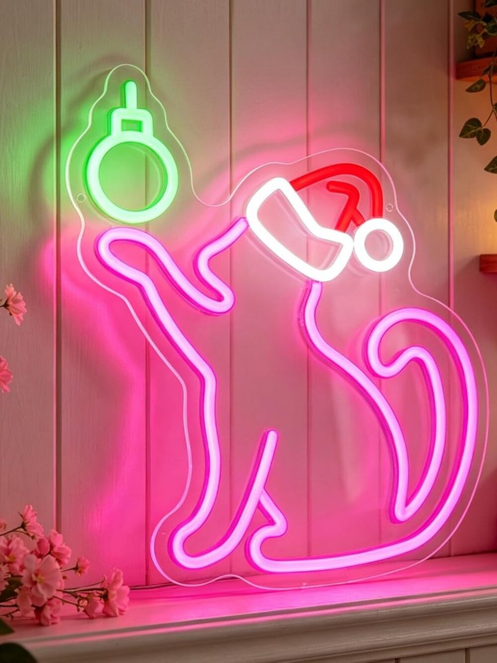 NEW Christmas Cat Santa Hat LED Neon Sign USB Dimmable Holiday Wall Decor